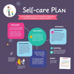 Infographic illustrating a self-care plan tailored for college students, entitled "Kristel's Self-care Plan"