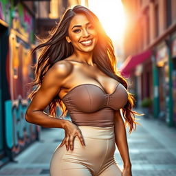 A stunning woman with large breasts, wearing a form-fitting outfit that accentuates her curves