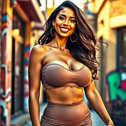 A stunning woman with large breasts, wearing a form-fitting outfit that accentuates her curves