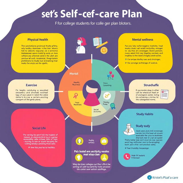 Infographic depicting a self-care plan specifically designed for college students, titled "Kristel's Self-care Plan"
