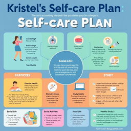 Infographic depicting a self-care plan specifically designed for college students, titled "Kristel's Self-care Plan"