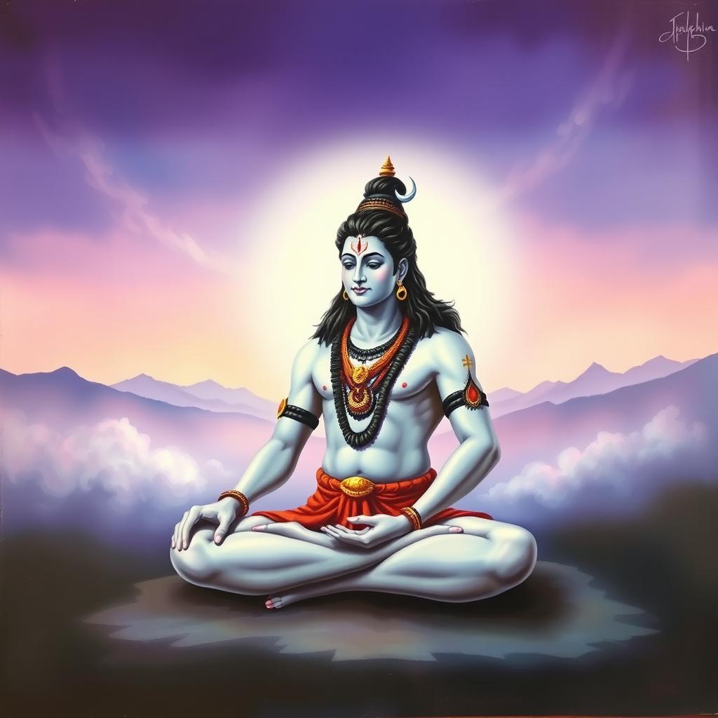 A serene depiction of Lord Shiva sitting in a meditative pose, surrounded by a mystical atmosphere