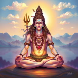 A serene depiction of Lord Shiva sitting in a meditative pose, surrounded by a soft ethereal glow