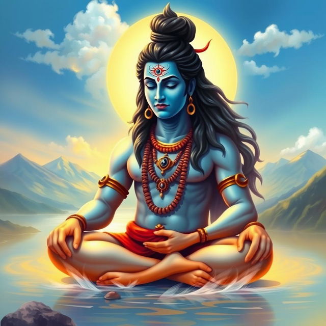 A serene depiction of Lord Shiva sitting in a meditative pose, surrounded by a soft ethereal glow