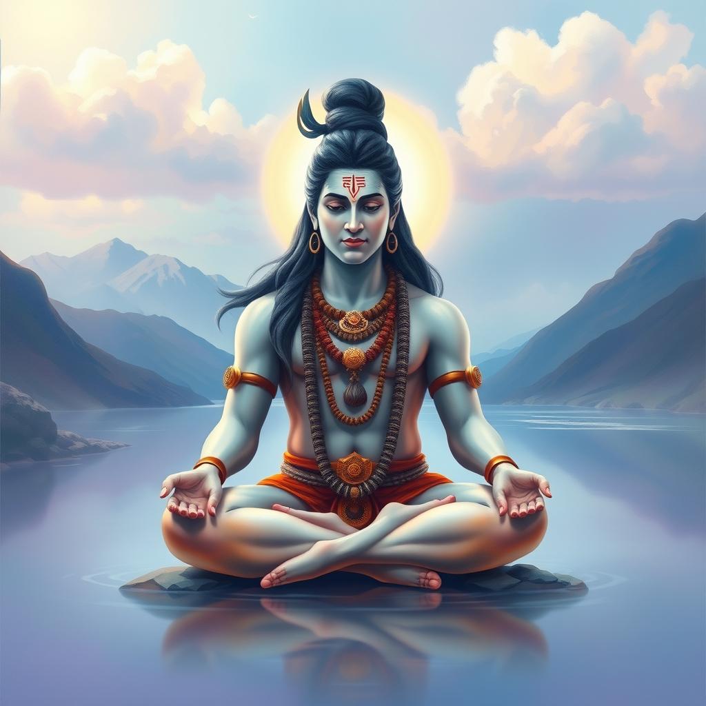 A serene depiction of Lord Shiva sitting in a meditative pose, surrounded by a soft ethereal glow