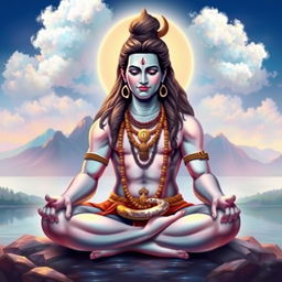 A serene depiction of Lord Shiva sitting in a meditative pose, surrounded by a soft ethereal glow