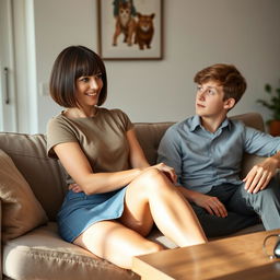A 34-year-old French woman with a bob hairstyle and bangs, featuring beautiful brown eyes and a bright smile, engaging in conversation with a 20-year-old boy who has short brown hair