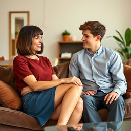 A 34-year-old French woman with a bob hairstyle and bangs, featuring beautiful brown eyes and a bright smile, engaging in conversation with a 20-year-old boy who has short brown hair