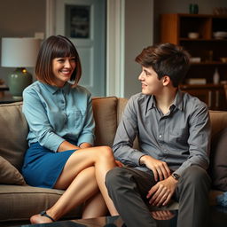 A 34-year-old French woman with a bob hairstyle and bangs, featuring beautiful brown eyes and a bright smile, engaging in conversation with a 20-year-old boy who has short brown hair