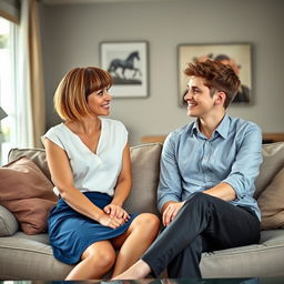 A 34-year-old French woman with a stylish bob hairstyle and bangs, showcasing her beautiful brown eyes, engaged in a lively conversation with a 20-year-old man who has short brown hair