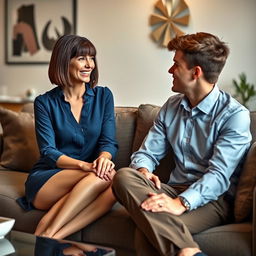 A 34-year-old French woman with a stylish bob hairstyle and bangs, showcasing her beautiful brown eyes, engaged in a lively conversation with a 20-year-old man who has short brown hair