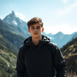 A 20 year old young man standing confidently in front of a majestic mountain landscape, wearing a sleek black jacket