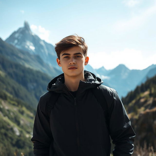 A 20 year old young man standing confidently in front of a majestic mountain landscape, wearing a sleek black jacket