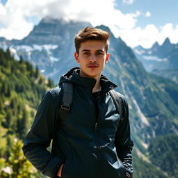A 20 year old young man standing confidently in front of a majestic mountain landscape, wearing a sleek black jacket