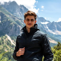 A 20 year old young man standing confidently in front of a majestic mountain landscape, wearing a sleek black jacket