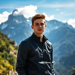 A 20 year old young man standing confidently in front of a majestic mountain landscape, wearing a sleek black jacket