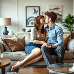 A 34-year-old French woman with a bob hairstyle and bangs, featuring captivating brown eyes, gently kissing a 20-year-old man with short brown hair