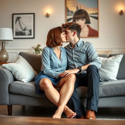 A 34-year-old French woman with a bob hairstyle and bangs, featuring captivating brown eyes, gently kissing a 20-year-old man with short brown hair