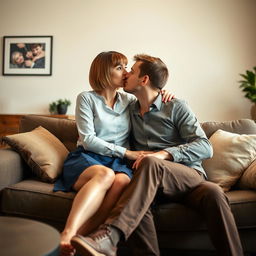 A 34-year-old French woman with a bob hairstyle and bangs, featuring captivating brown eyes, gently kissing a 20-year-old man with short brown hair