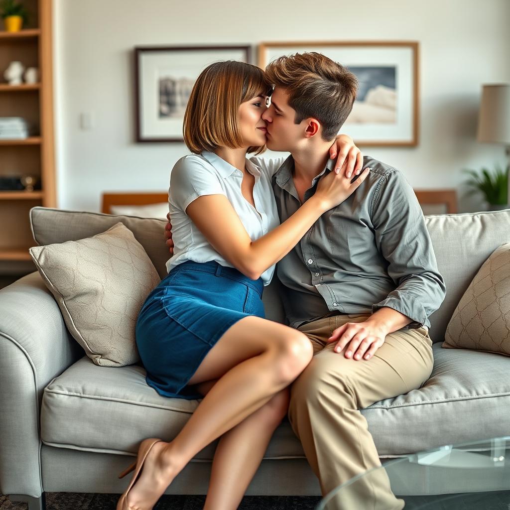 A 34-year-old French woman with a bob hairstyle and bangs, featuring captivating brown eyes, gently kissing a 20-year-old man with short brown hair