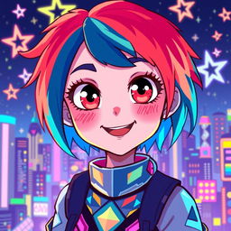 A vibrant pixel art depiction of a girl with striking RGB colors, featuring large expressive eyes and a playful smile