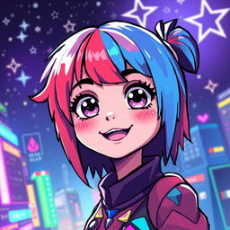 A vibrant pixel art depiction of a girl with striking RGB colors, featuring large expressive eyes and a playful smile