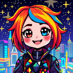 A vibrant pixel art depiction of a girl with striking RGB colors, featuring large expressive eyes and a playful smile