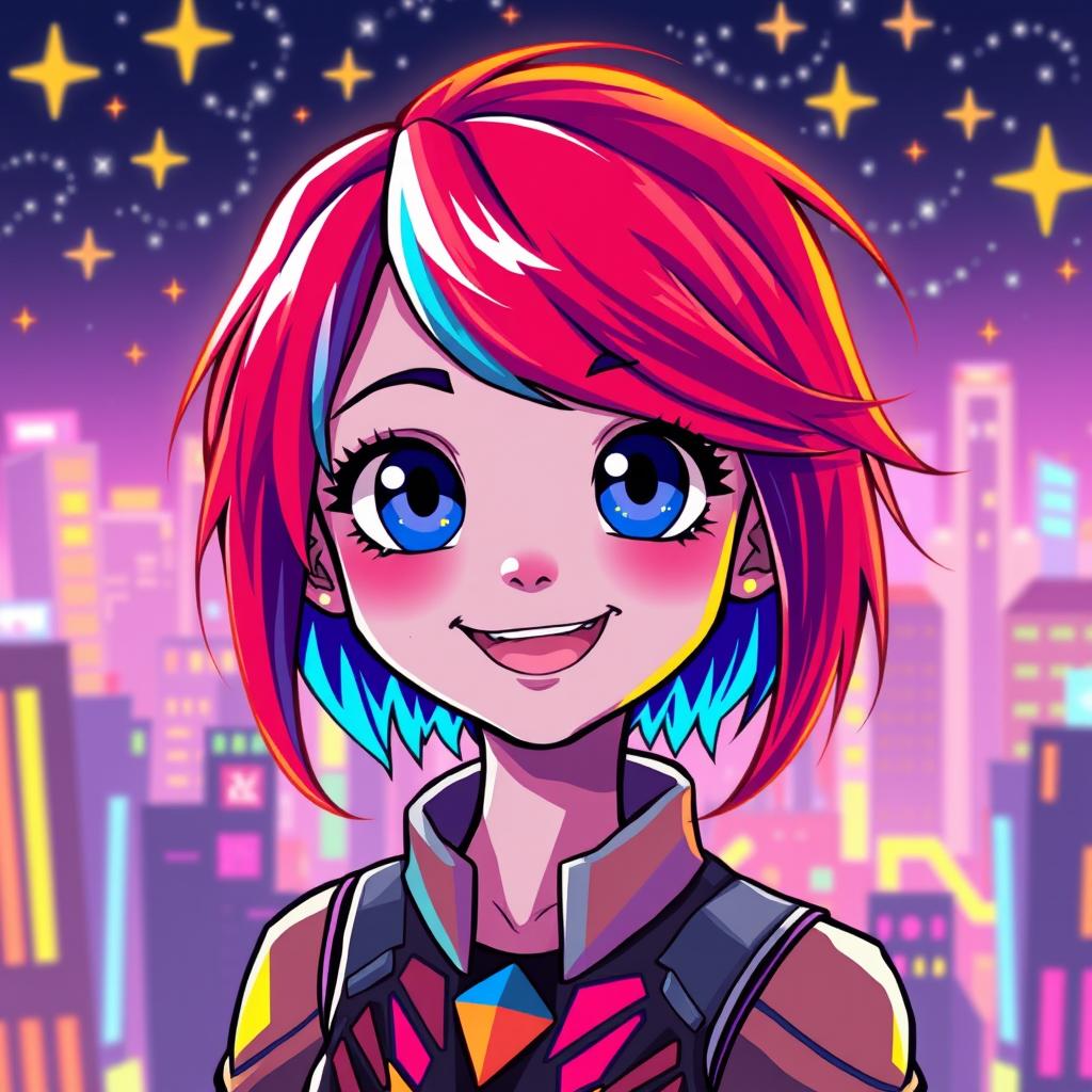 A vibrant pixel art depiction of a girl with striking RGB colors, featuring large expressive eyes and a playful smile