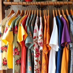 A colorful and stylish shirt display, showcasing a variety of vibrant designs and patterns