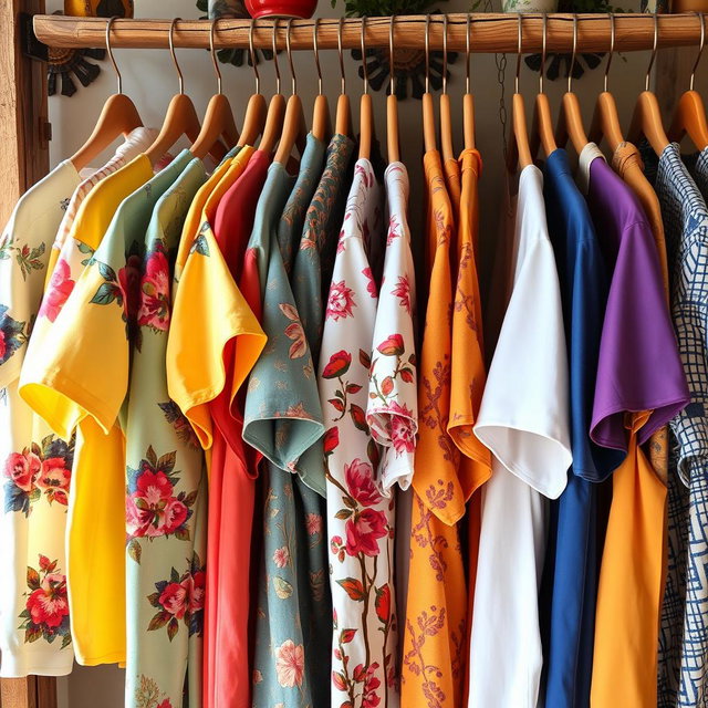 A colorful and stylish shirt display, showcasing a variety of vibrant designs and patterns