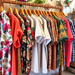 A colorful and stylish shirt display, showcasing a variety of vibrant designs and patterns