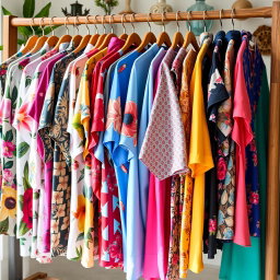 A colorful and stylish shirt display, showcasing a variety of vibrant designs and patterns