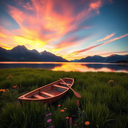 A serene landscape featuring a tranquil lake surrounded by majestic mountains at sunset