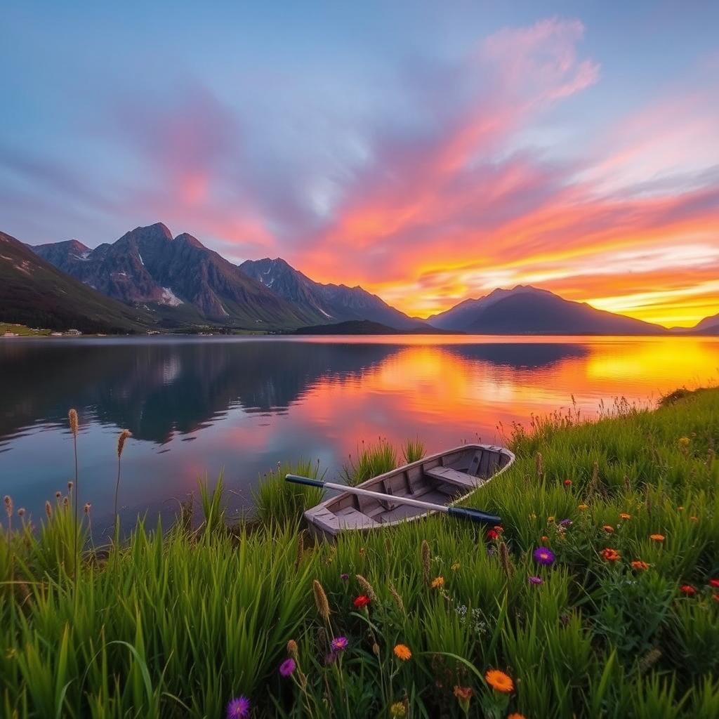 A serene landscape featuring a tranquil lake surrounded by majestic mountains at sunset