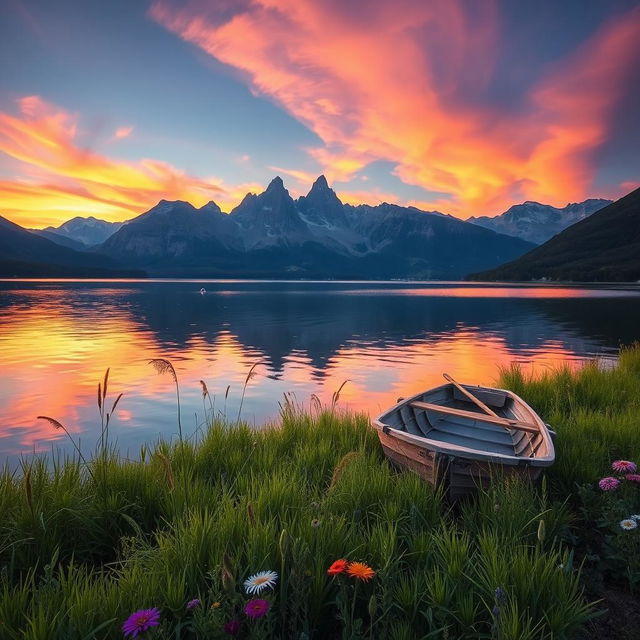 A serene landscape featuring a tranquil lake surrounded by majestic mountains at sunset