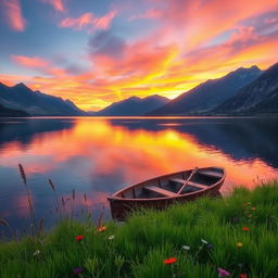 A serene landscape featuring a tranquil lake surrounded by majestic mountains at sunset