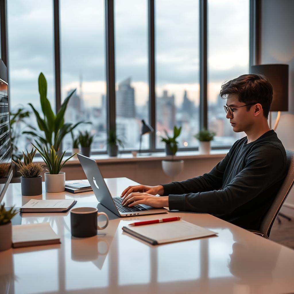A person sitting at a stylish modern desk, intently working on a sleek MacBook