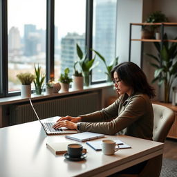 A person sitting at a stylish modern desk, intently working on a sleek MacBook