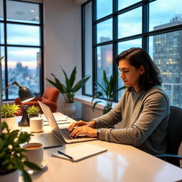 A person sitting at a stylish modern desk, intently working on a sleek MacBook
