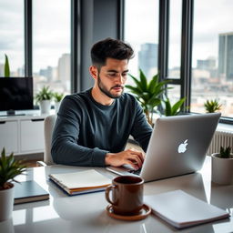 A person sitting at a stylish modern desk, intently working on a sleek MacBook