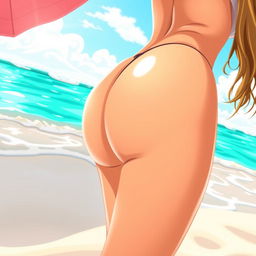 A playful and vibrant close-up illustration of a woman resembling Jennifer López with naked bubble buttocks bending over at the beach