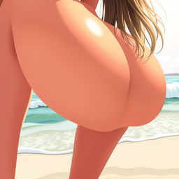A playful and vibrant close-up illustration of a woman resembling Jennifer López with naked bubble buttocks bending over at the beach