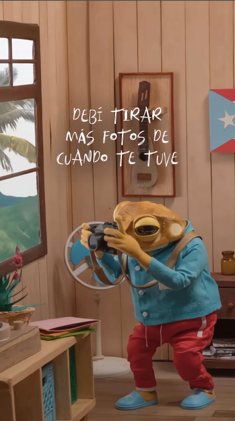 A whimsical scene of a cartoon frog wearing a stylish blue jacket and red pants, holding a vintage camera