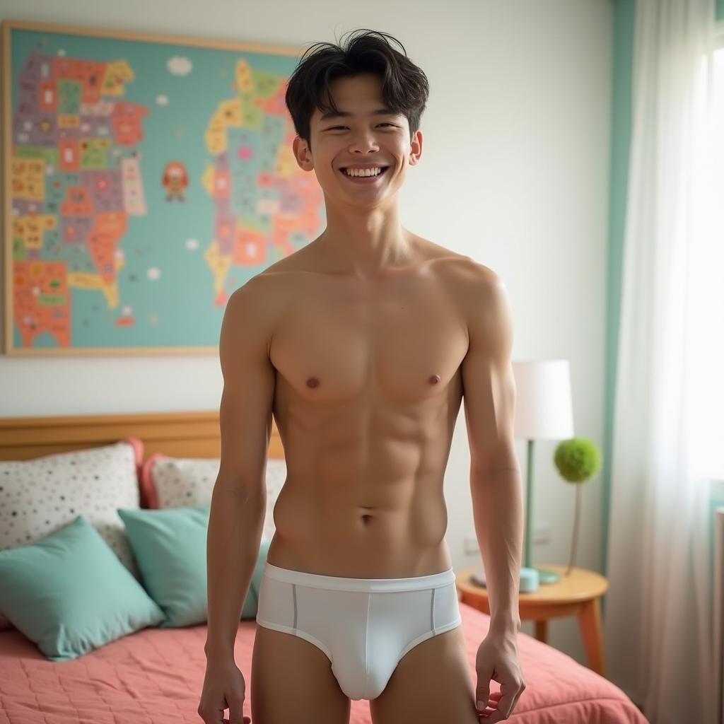 A lean Asian teenage male wearing tight briefs, emphasizing his slim physique and youthful energy