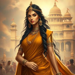 Draupadi, the iconic character from the Mahabharata, depicted as an elegant and powerful woman in traditional Indian attire