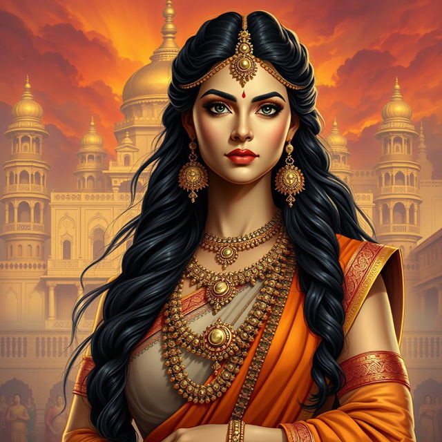 Draupadi, the iconic character from the Mahabharata, depicted as an elegant and powerful woman in traditional Indian attire