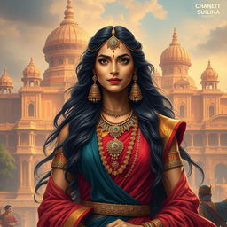 Draupadi, the iconic character from the Mahabharata, depicted as an elegant and powerful woman in traditional Indian attire