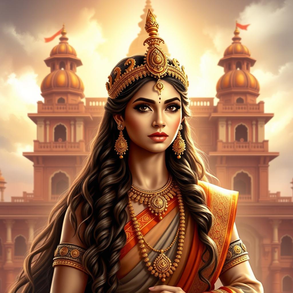 Draupadi, the iconic character from the Mahabharata, depicted as an elegant and powerful woman in traditional Indian attire