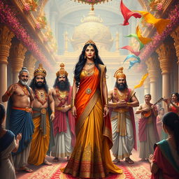 An elaborate and colorful depiction of the ancient Indian epic, Mahabharata, specifically the marriage of Draupadi