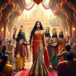 An elaborate and colorful depiction of the ancient Indian epic, Mahabharata, specifically the marriage of Draupadi